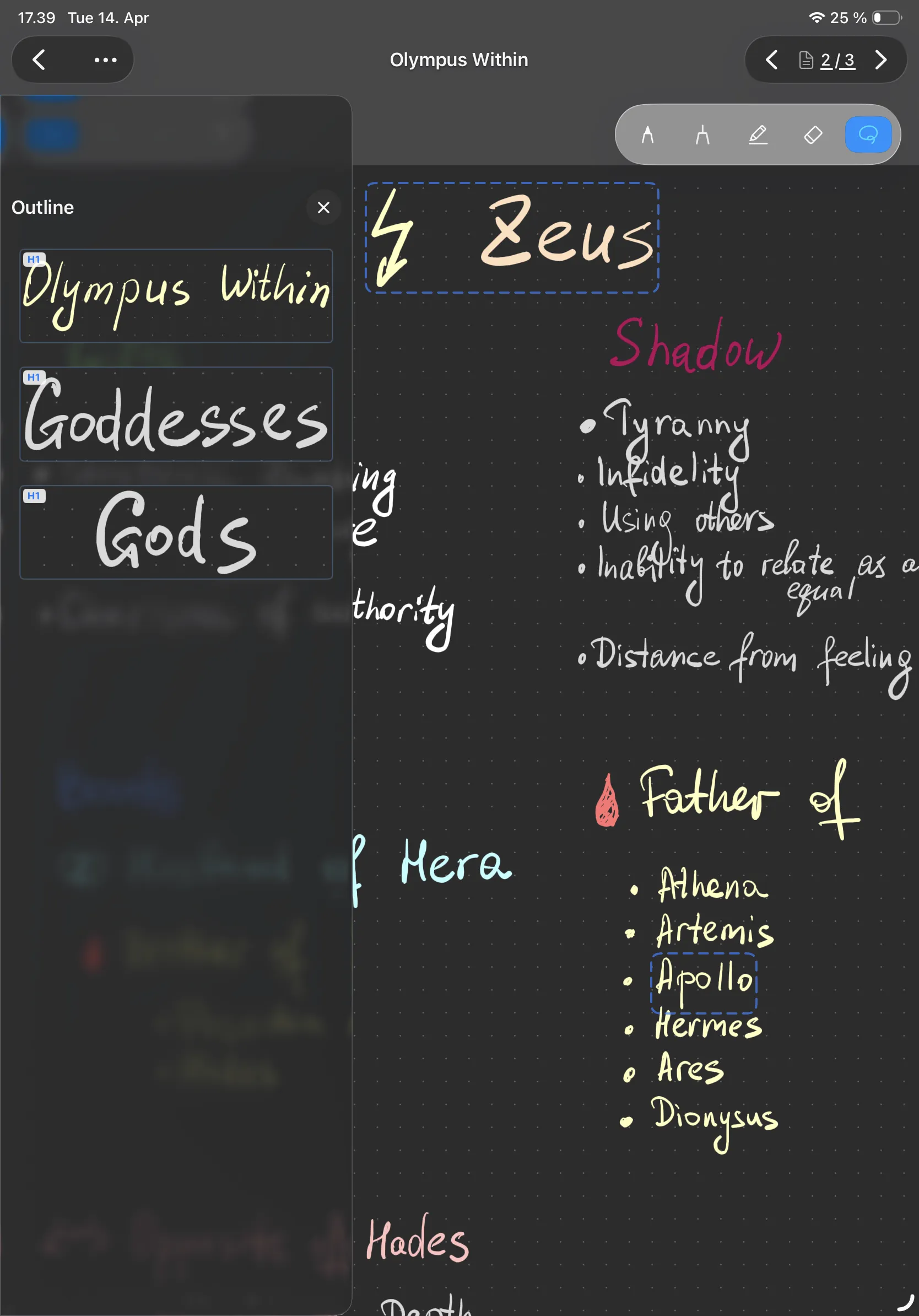 Outline sidebar open in BindNotes for navigating notebook sections