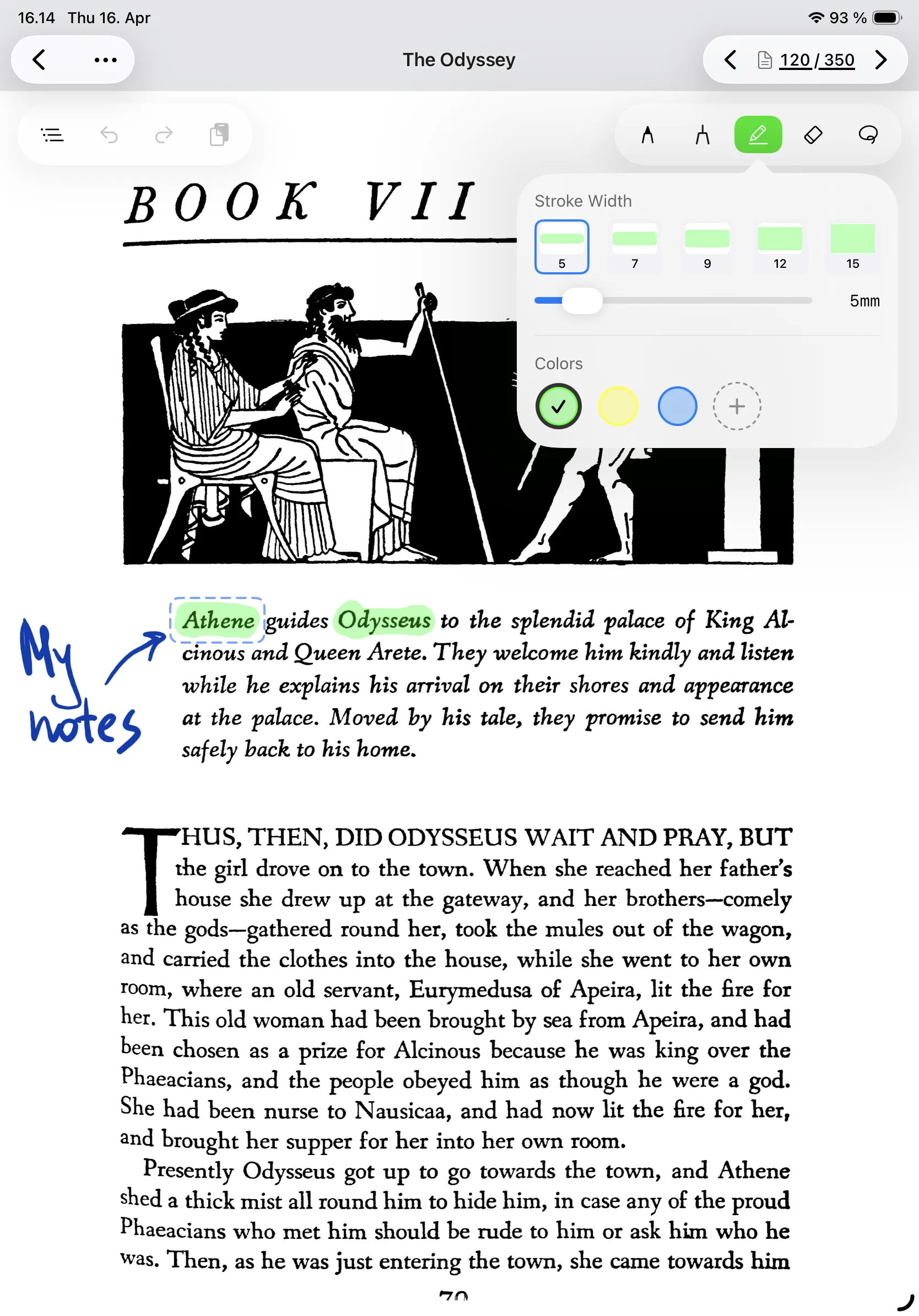 Imported PDF in BindNotes with highlighted text and handwritten margin notes
