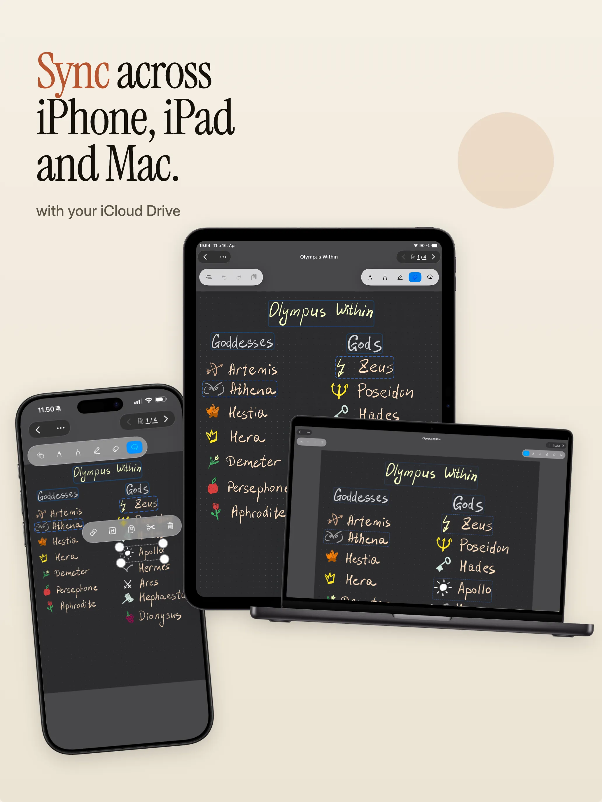 BindNotes notebook synced across iPhone, iPad, and Mac through iCloud Drive